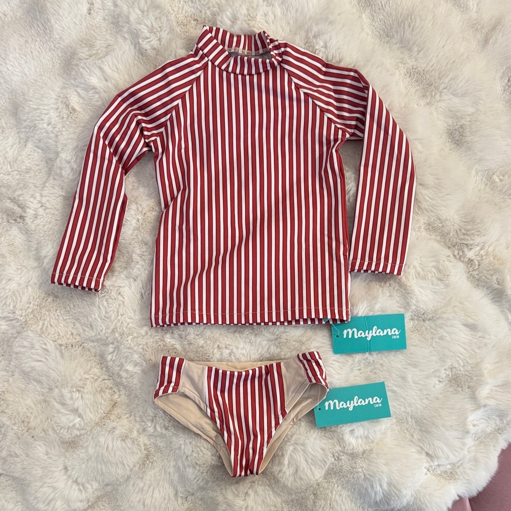 Kids Red Striped Swim Rashguard Set